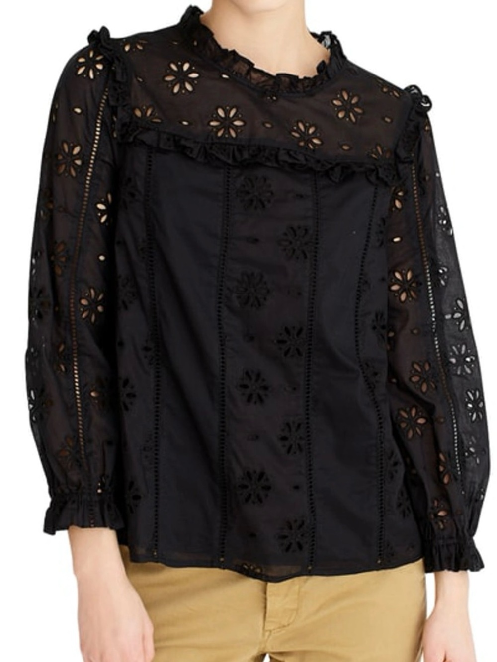 J.Crew Black Eyelet Ruffle Blouse Long Sleeve Top | Medium